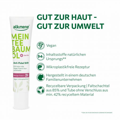 Gut zur Haut gut zur Umwelt MEIN Teebaumöl Pickel-Stift ist vegan, mikroplastikfrei und dermatologisch bestätigt