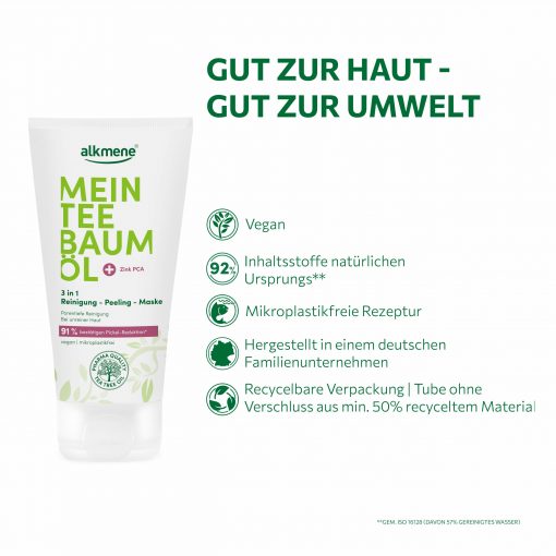 Gut zur Haut gut zur Umwelt MEIN Teebaumöl 3 in 1 Maske ist vegan, mikroplastikfrei und dermatologisch bestätigt