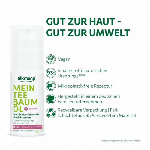 Gut zur Haut gut zur Umwelt MEIN Teebaumöl Gesichtscreme ist vegan, mikroplastikfrei und dermatologisch bestätigt