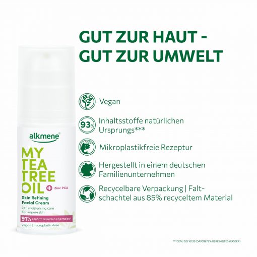alkmene MY TEA TREEOIL Face cream is Vegan, Microplastik free, Made in Germany , packaging Recyclable
