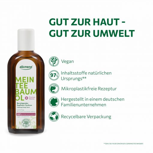 Gut zur Haut gut zur Umwelt MEIN Teebaumöl Kopfhaut Tonikum ist vegan, mikroplastikfrei und dermatologisch bestätigt