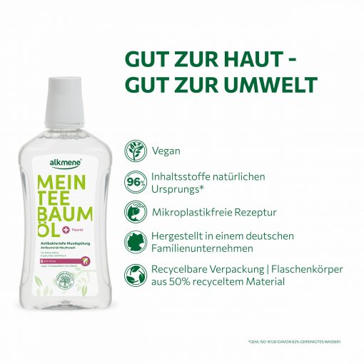 Gut zur Haut gut zur Umwelt MEIN Teebaumöl Mundspülung ist vegan, mikroplastikfrei und dermatologisch bestätigt