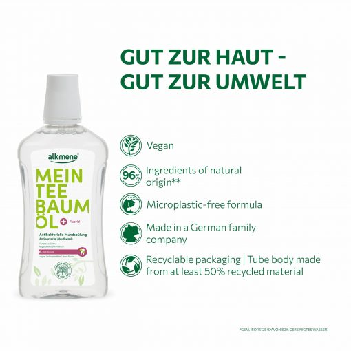alkmene MY TEA TREEOIL Antibacterial Mouthwash is Vegan, Microplastik free, Made in Germany , packaging Recyclable