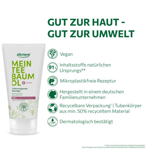 Gut zur Haut gut zur Umwelt MEIN Teebaumöl Waschgel ist vegan, mikroplastikfrei und dermatologisch bestätigt