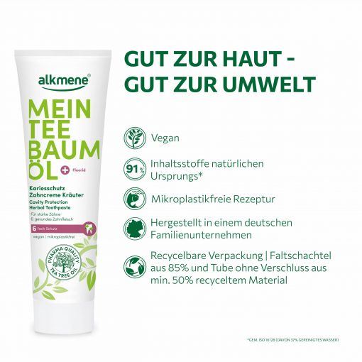 Gut zur Haut gut zur Umwelt MEIN Teebaumöl Kräuter Zahncreme ist vegan, mikroplastikfrei und dermatologisch bestätigt
