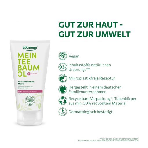 Gut zur Haut gut zur Umwelt MEIN Teebaumöl Maske ist vegan, mikroplastikfrei und dermatologisch bestätigt